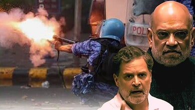 Protesters clash with police during a demonstration, with one person firing a firework or flare.