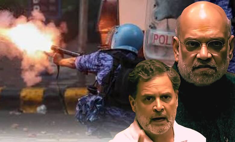 Protesters clash with police during a demonstration, with one person firing a firework or flare.