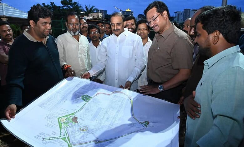 Officials and community members discuss the mini pond project for Ganesh idol immersion in Kukatpally.