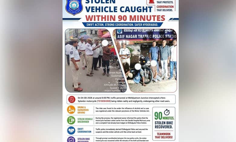 Hyderabad police recover stolen bike within 90 minutes, as shown in the image.