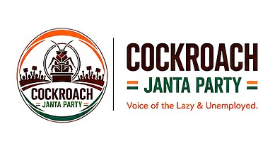 Cockroach Janta Party logo with slogan 'Voice of the Lazy & Unemployed' in black, green, and orange.