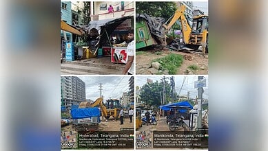 Encroachment removal in Cyberabad with heavy machinery and public space creation.
