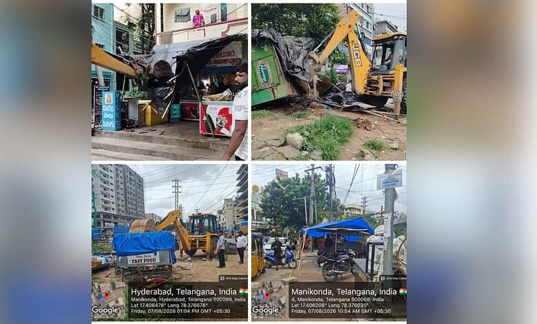 Encroachment removal in Cyberabad with heavy machinery and public space creation.