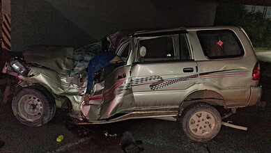 A mangled jeep after accident in Gachibowli