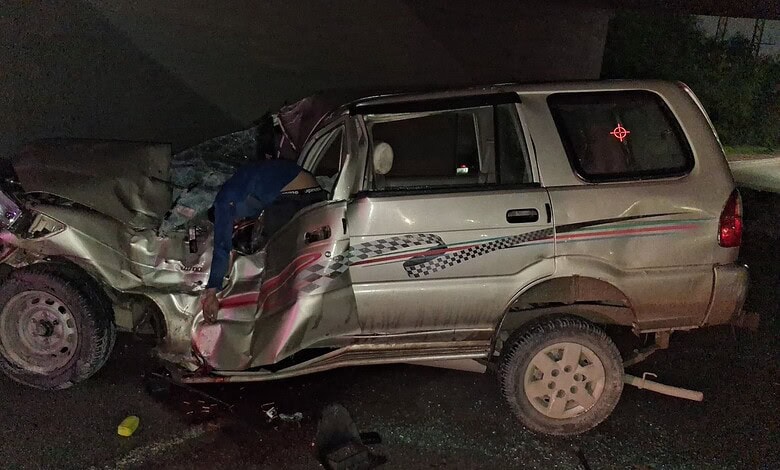 A mangled jeep after accident in Gachibowli