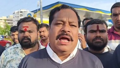 Members of the The Telangana State Sand Lorry Owners Association protest in Hyderabad