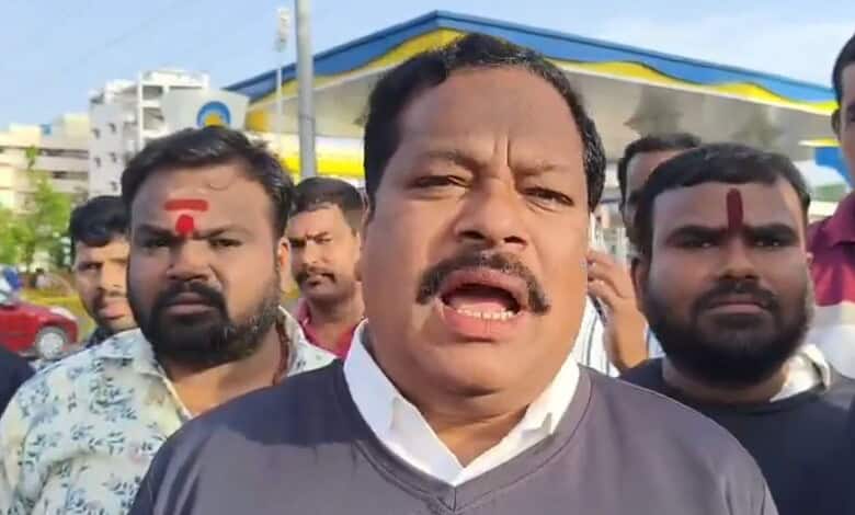 Members of the The Telangana State Sand Lorry Owners Association protest in Hyderabad