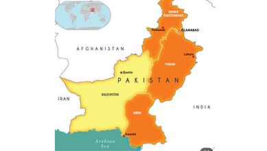 Map of Pakistan highlighting Balochistan province in yellow and surrounding countries.