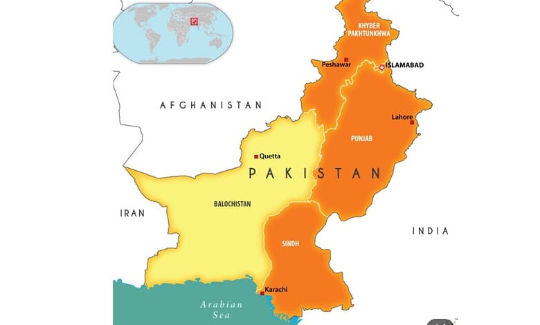 Map of Pakistan highlighting Balochistan province in yellow and surrounding countries.