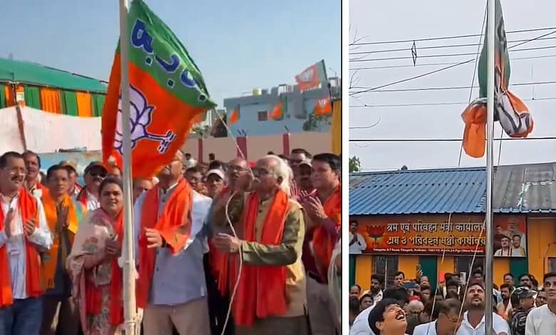 BJP workers hoist party flag during Independence Day celebrations in India.