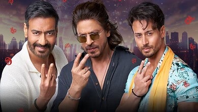 Three men posing with peace signs against a cityscape background.