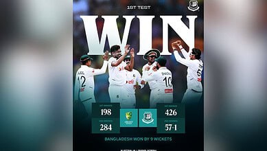 Bangladesh cricket team celebrates their historic first win over Australia by 9 wickets.