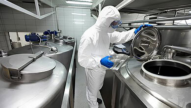 Scientist in protective gear inspecting a large stainless steel industrial container in a laboratory.
