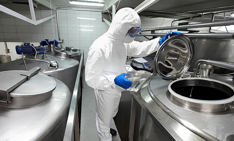 Scientist in protective gear inspecting a large stainless steel industrial container in a laboratory.