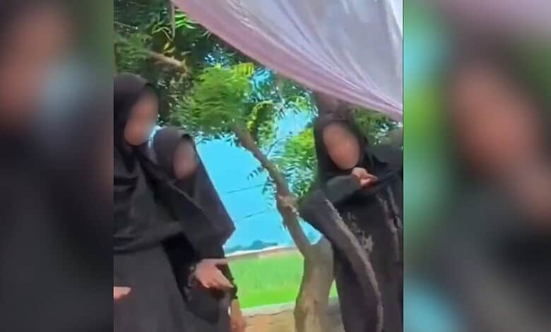 Schoolgirls in burqas dancing outdoors under a pink canopy with green trees.