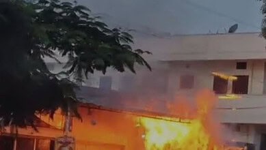Fire and smoke from a gas cylinder leak at a tiffin centre in Hyderabad.