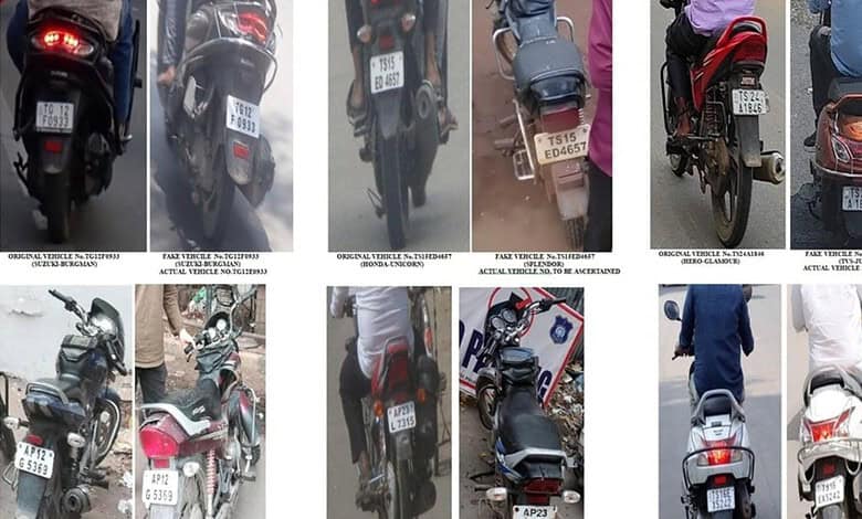 Motorcycles and scooters with fake number plates seized by Hyderabad police.
