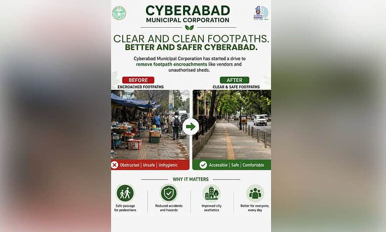 Cyberabad Municipal Corporation's clean footpath drive improves pedestrian safety and accessibility.