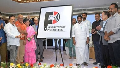 Group of people at the Federation of Press Clubs launch event in Hyderabad.