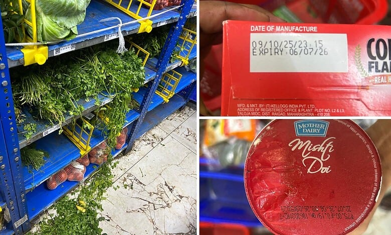 Fresh green herbs and vegetables on supermarket shelves in India.