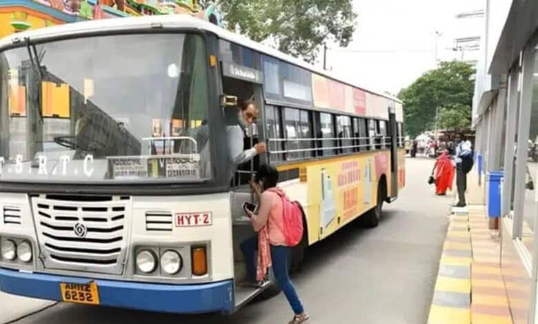 passengers board a TGSRTC bus in Hyderabad