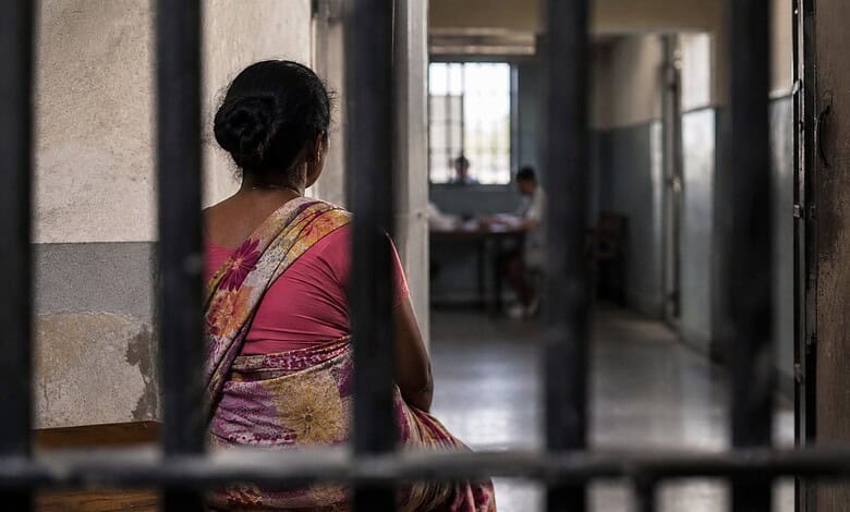 Woman in traditional saree sitting in a prison corridor with barred gates.