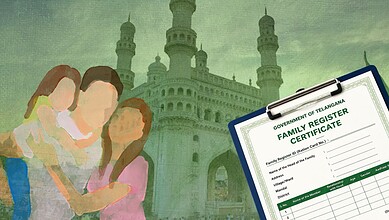 Telangana family register certificate with people in front of Charminar, Hyderabad.