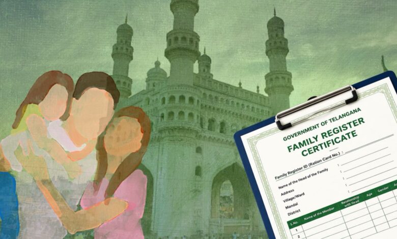 Telangana family register certificate with people in front of Charminar, Hyderabad.