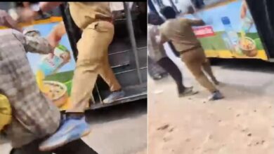 BMTC conductor kicking a beggar near a bus in Bengaluru, India.