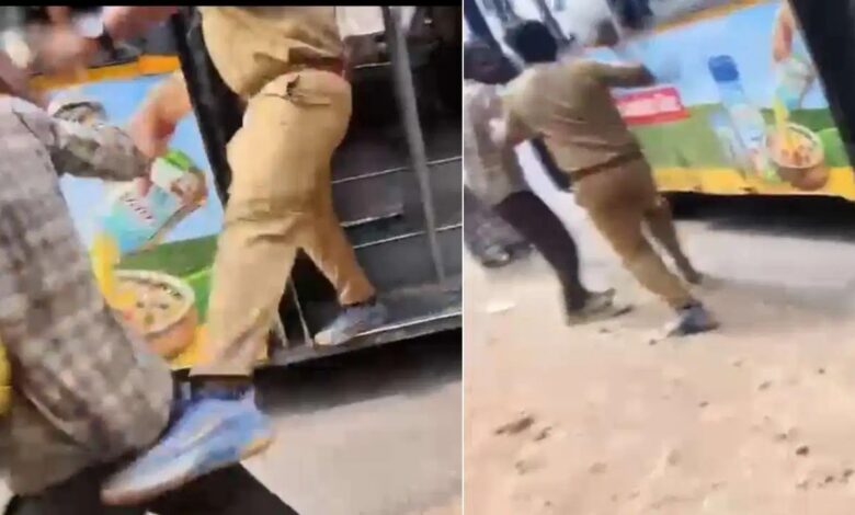 BMTC conductor kicking a beggar near a bus in Bengaluru, India.