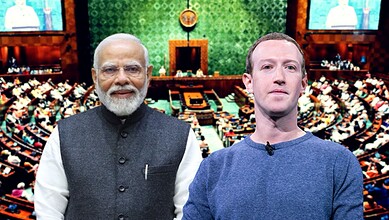 Indian Prime Minister Narendra Modi and Mark Zuckerberg in a parliamentary setting.