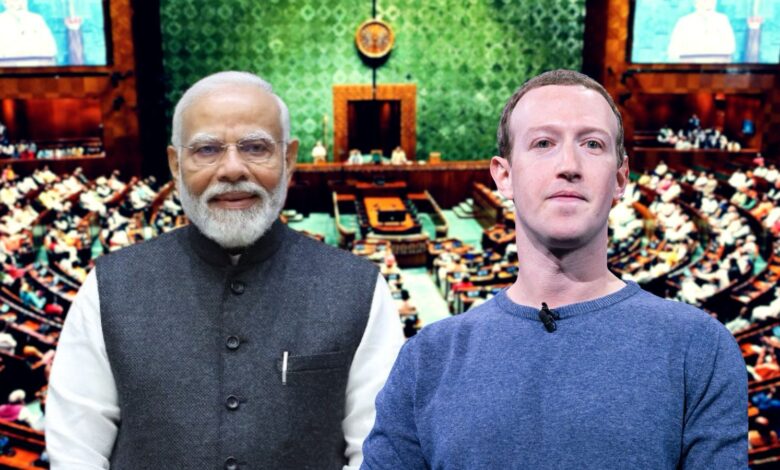 Indian Prime Minister Narendra Modi and Mark Zuckerberg in a parliamentary setting.