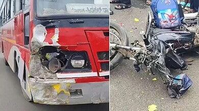 Damaged bus and motorcycle involved in Belagavi fatal crash, emergency response at scene.