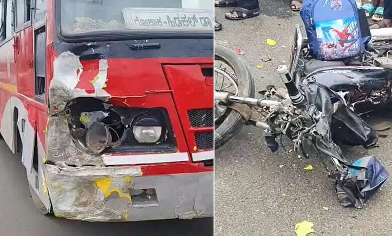 Damaged bus and motorcycle involved in Belagavi fatal crash, emergency response at scene.