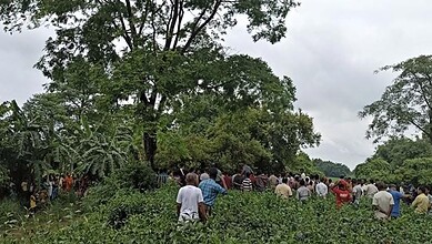Large crowd gathered in a green outdoor area under cloudy sky.