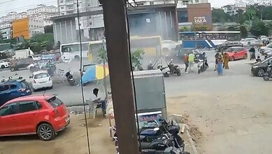 Traffic chaos and injured people near Miyapur mall after helium cylinder explosion.