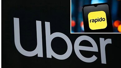 Rapido app logo on smartphone screen with Uber logo in background.