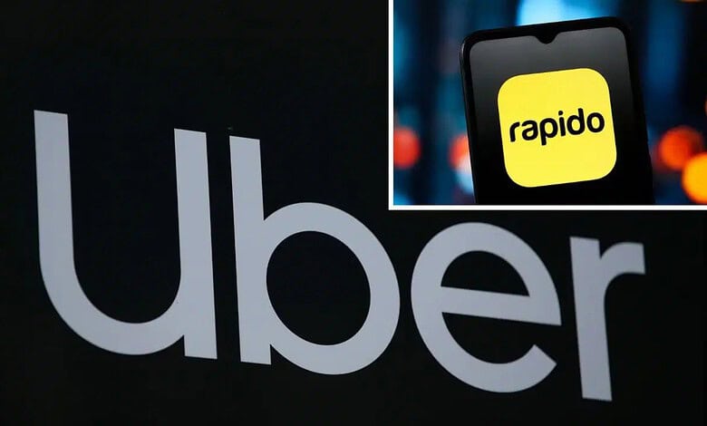 Rapido app logo on smartphone screen with Uber logo in background.