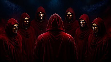 Group of seven individuals in red cloaks with hoods, facing a central figure in a dark setting.