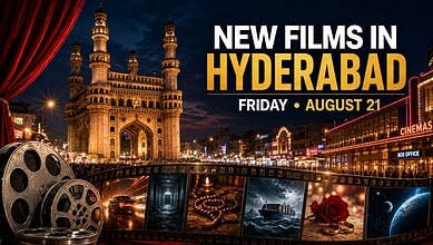 Promotional poster for new film releases in Hyderabad on August 21, featuring Charminar and film reels.