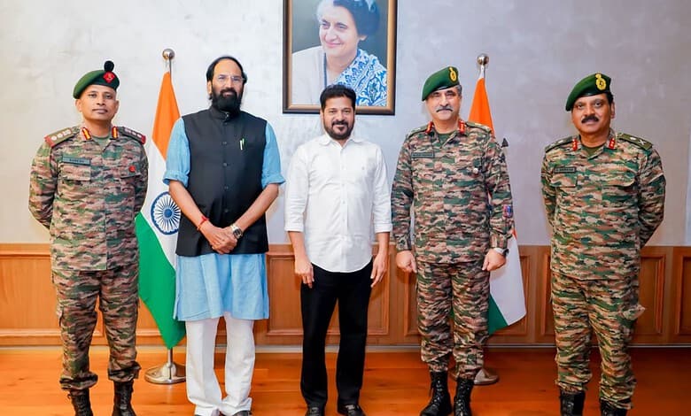 Telangana Chief Minister Revanth Reddy with Lieutenant General C Rajesh Pushkar