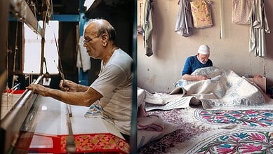 Elderly artisans weaving and designing traditional Indian handloom fabrics.