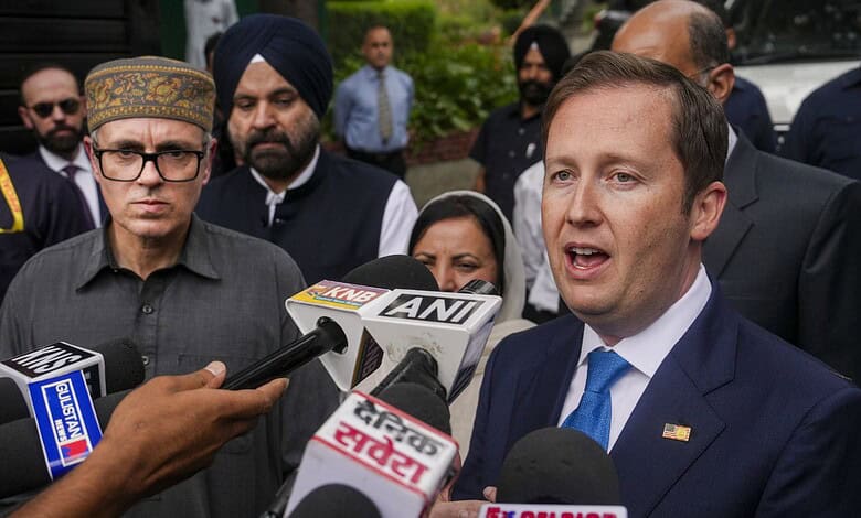 US envoy speaking to media about J&K travel advisory amid security improvements.