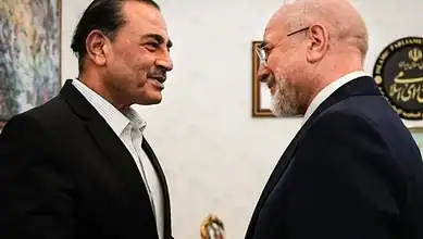Pakistani and Iranian officials face each other during a diplomatic meeting.