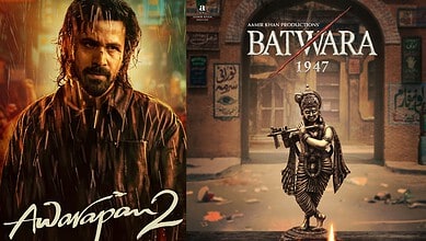 Promotional poster for Awarapan 2 and Batwara 1947 movies with actors and historical setting.