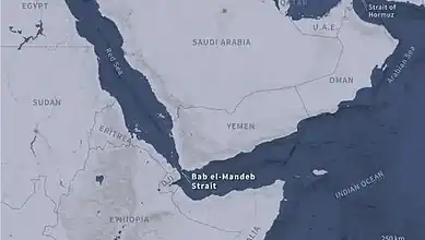 Map showing Bab el-Mandeb Strait location between Yemen and Djibouti.
