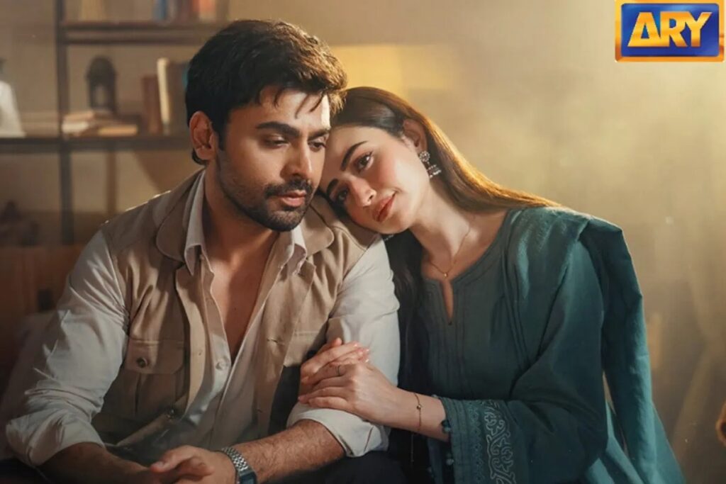 Pakistani drama scene with a man and woman in emotional moment, ARY logo in top right corner.