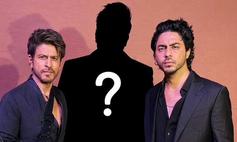 Two men in black suits with a silhouette and question mark between them.