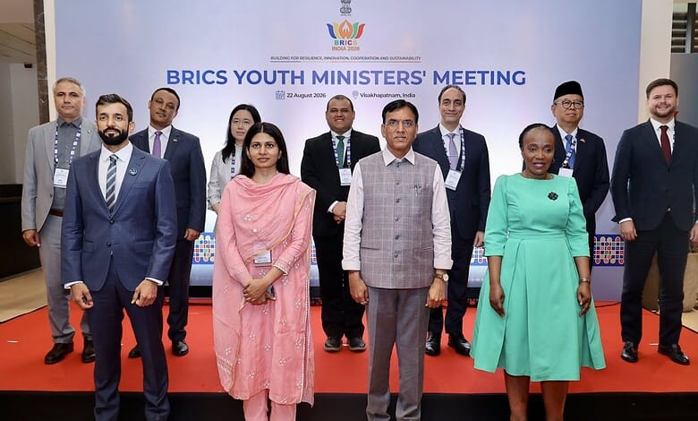 BRICS Youth Ministers' Meeting in Visakhapatnam with diverse delegates on stage.
