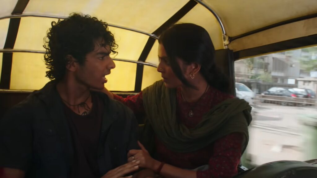 Malvika Mohanan and a co-star in a rickshaw during a film shoot in India.